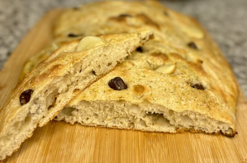 Super Easy Sourdough Focaccia Bread with Olives and Garlic